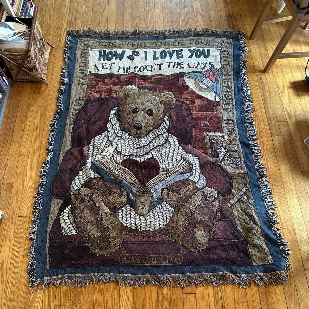 Vintage 90s Boyds Collection Teddy Bear Reading Book Throw Blanket Cottagecore